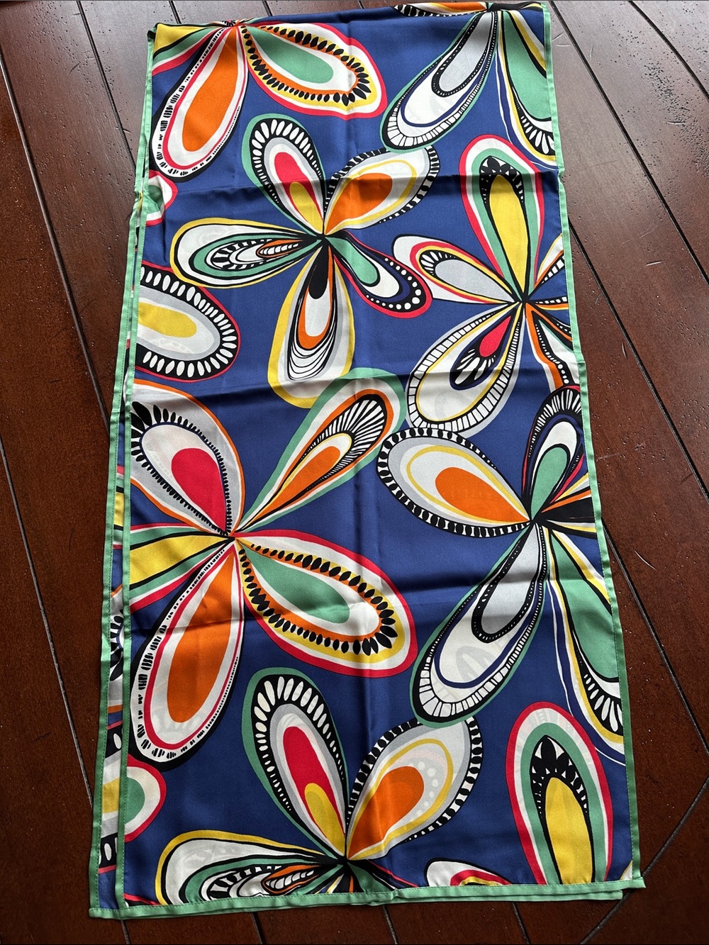 Scarf - Bright Floral Print Blue with Multi Color Flowers and Mint Trim.